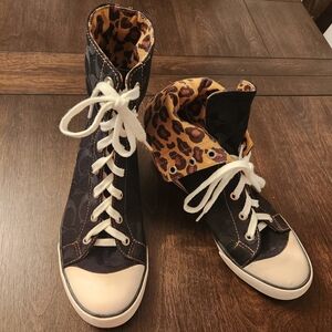 Coach Bonney Black Signature Leopard High-Top Sneakers Convertible FoldOver 7.5